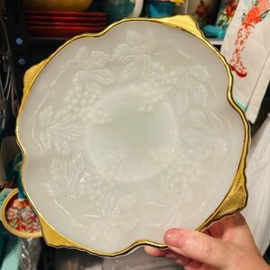 Antique Milk Glass Grape Candy Dish With Gold Trim Footed